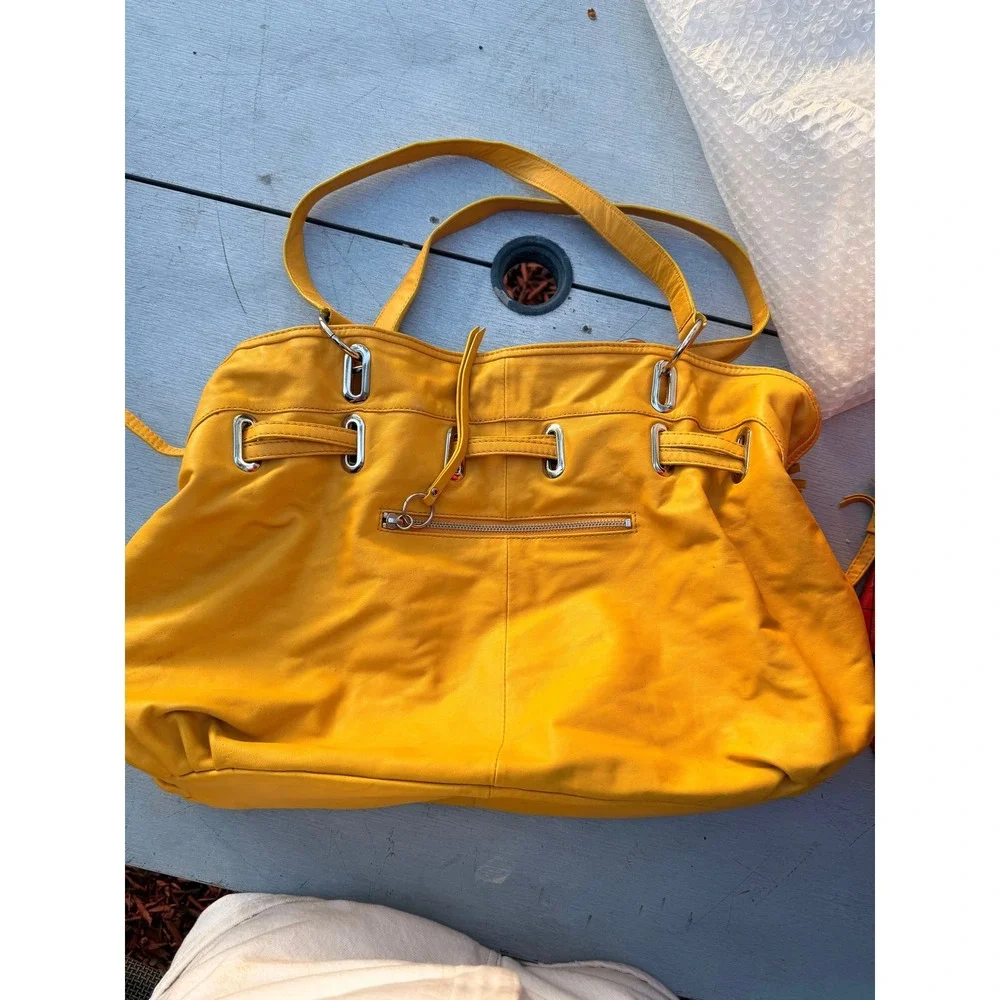 DONALD J PLINER Womens Mustard Yellow Leather Drawstring Hobo Shoulder Bag